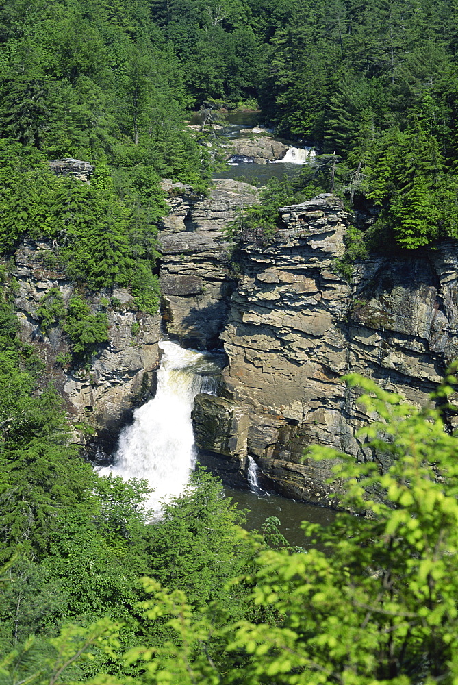 Aerial view over Linville Falls, on the Linville River near the Blue Ridge Parkway, Appalachian Mountains, North Carolina, United States of America, North America