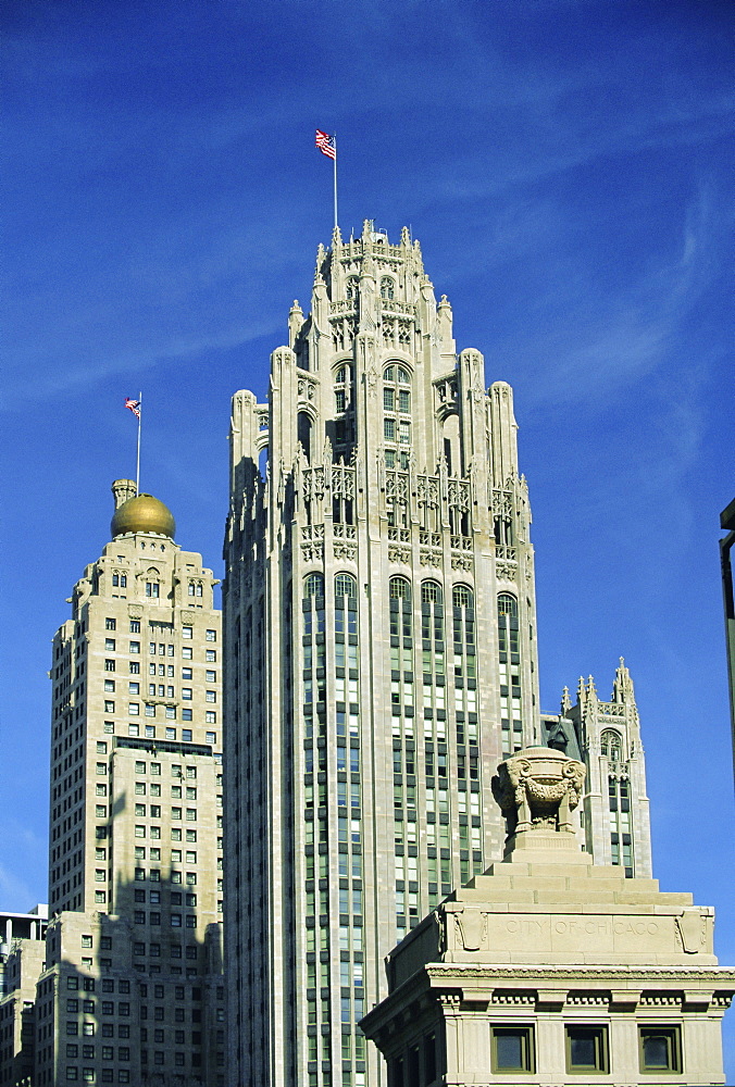 Tribune Tower, the 1920s Gothic skyscraper and home to the Chicago Tribune in downtown Chicago, and Hotel Intercontinental behind, Chicago, Illinois, USA, North America