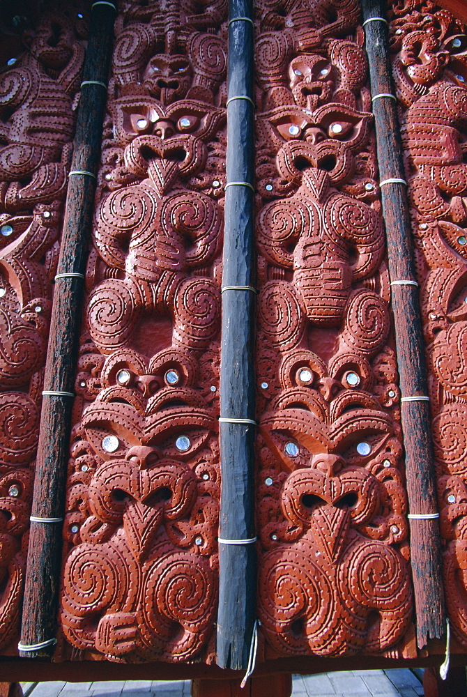 Intricate carving in the replica village at the Maori Arts and Crafts Institute, Whakarewarewa thermal and cultural area, Rotorua, North Island, New Zealand, Pacific