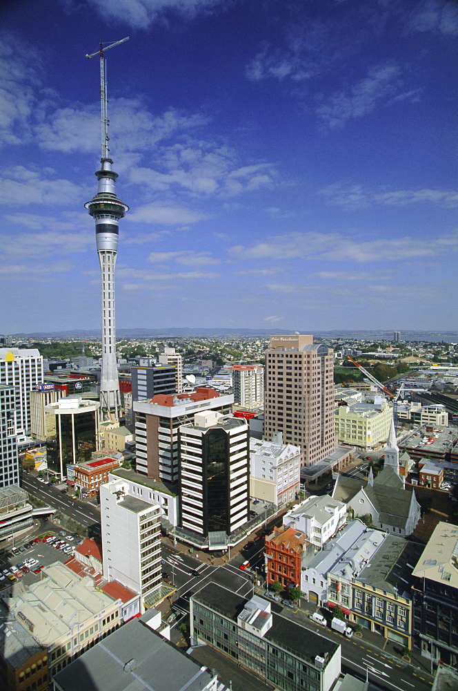 High angle view of Albert Street and Wyndham Street with Sky City Tower on city skyline, downtown Auckland, Central Auckland, North Island, New Zealand, Pacific