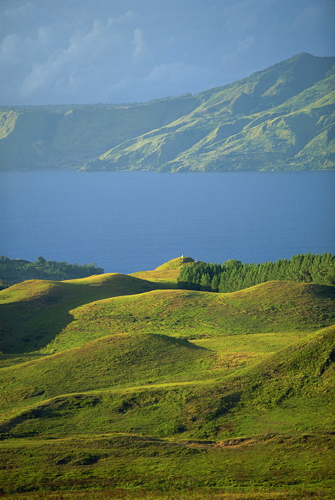 View north from Samosir Island near Ambarita towards north shore of Lake Toba, Sumatra, Indonesia, Southeast Asia, Asia