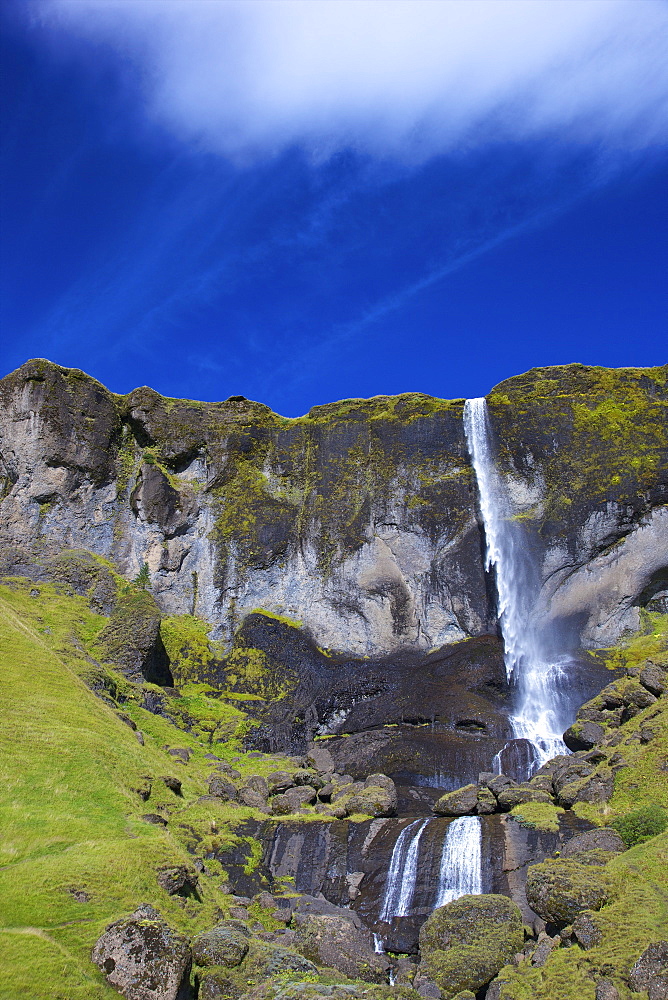 Waterfall in summer sunshine at Foss a Sidu, South coast, Iceland, Polar Regions