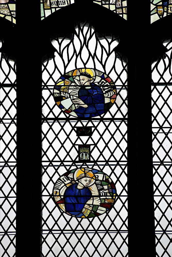 Monks in stained glass, Galilee Chapel, Durham Cathedral, County Durham, England, United Kingdom, Europe 