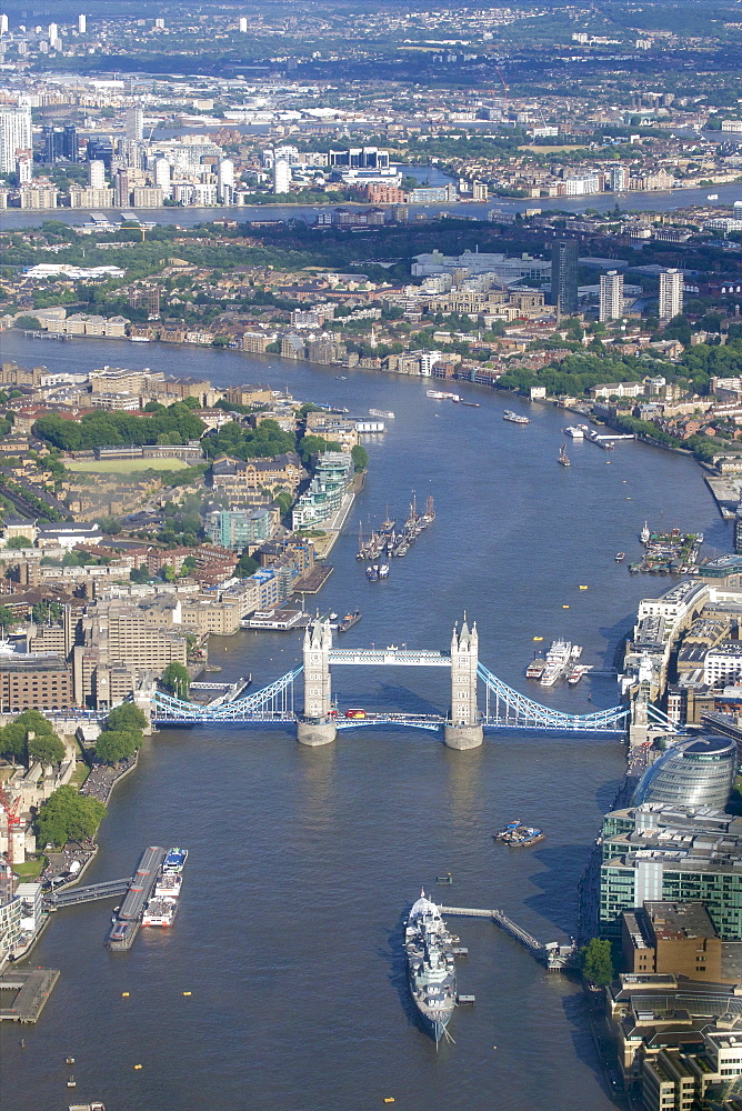 Aerial view of Tower Bridge and River Thames, London, England, United Kingdom, Europe