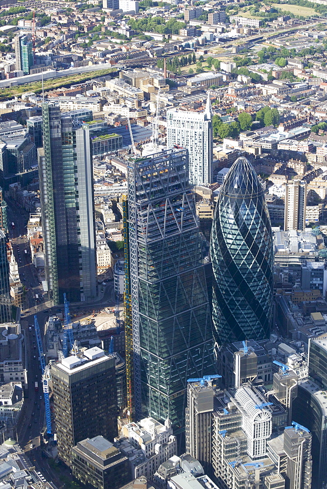 Aerial view of the Gherkin and Leadenhall Building (Cheese-grater), City of London, London, England, United Kingdom, Europe