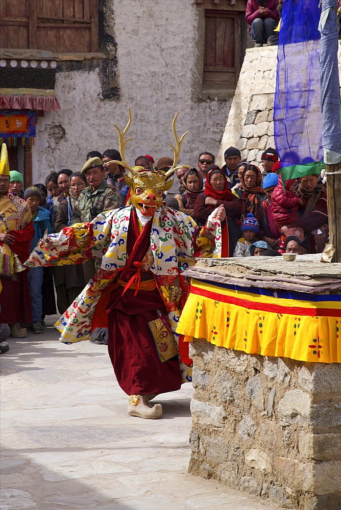 Buddhist monk performs masked dance at religious ceremony, Namgyal Tsemo Gompa, Leh, Ladakh, India, Asia