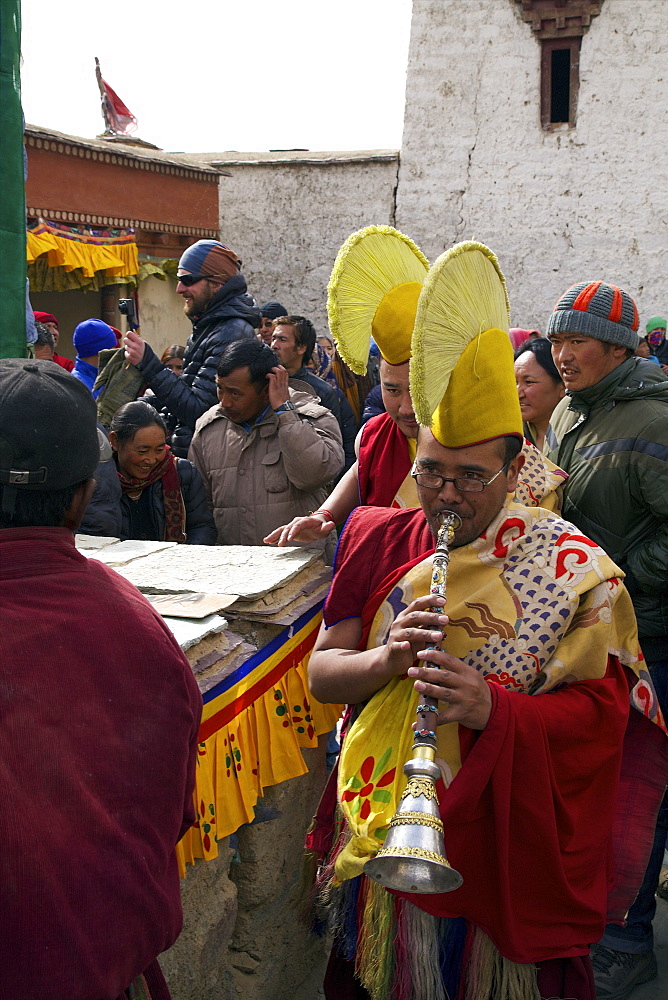 Buddhist monks at religious ceremony, Namgyal Tsemo Gompa, Leh, Ladakh, India, Asia