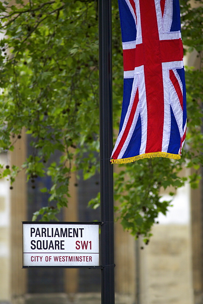 Union jack flag flies in Parliament Square, outside Westminster Abbey, during the marriage of Prince William to Kate Middleton, 29th April 2011, London, England, United Kingdom, Europe