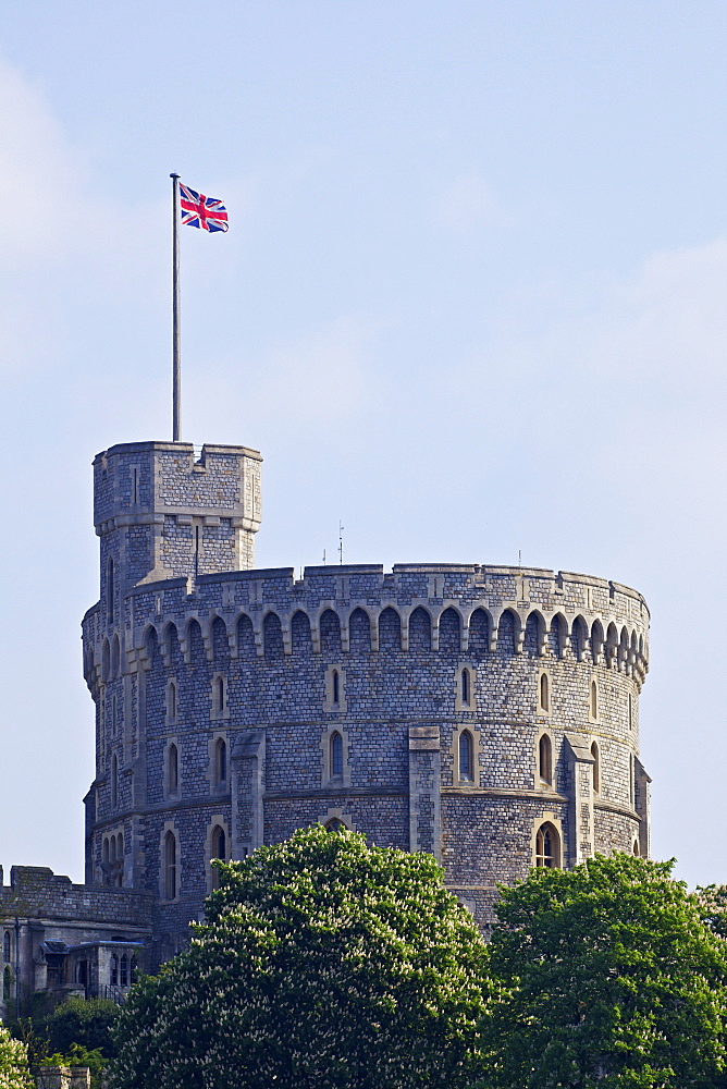 Union Jack flag flying above the Round Tower, Windsor Castle, Windsor, Berkshire, England, United Kingdom, Europe