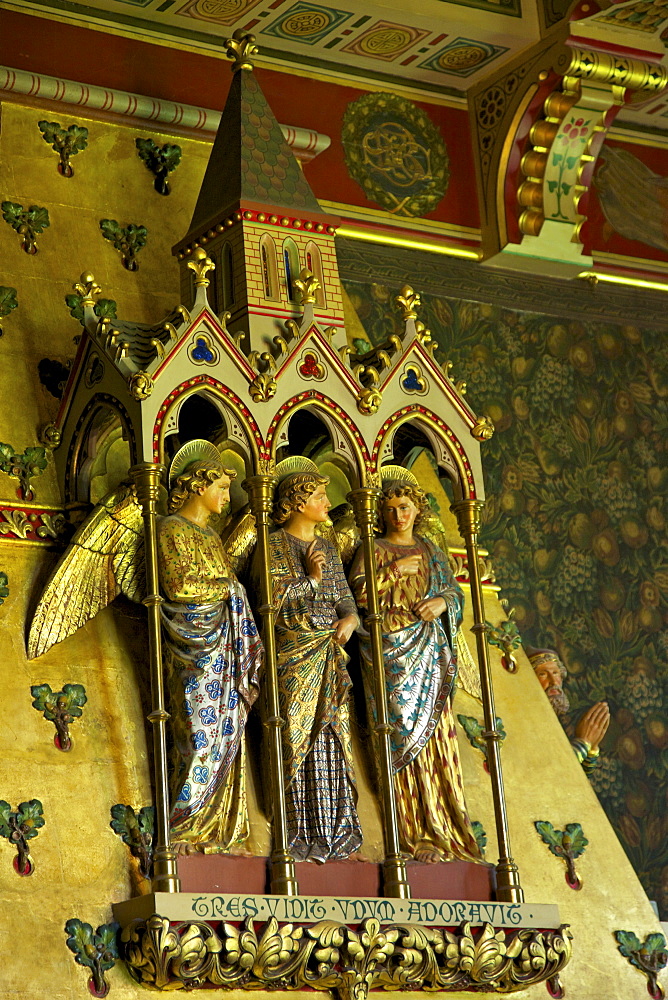 Small Dining Room, Abraham fireplace, stone carved painted chimney breast, interior of Cardiff Castle, South Glamorgan, Wales, United Kingdom, Europe