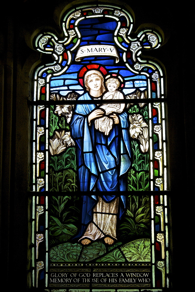 Stained glass window of St. Mary, by Stephen Coyne, Morris and Co, dating from 1924, Cloisters, Gloucester Cathedral, Gloucester, Gloucestershire, England, United Kingdom, Europe