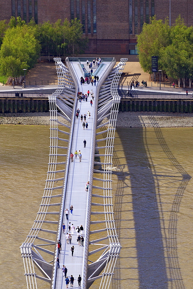 Aerial view of Tate Modern and Millennium Bridge, Bankside, taken from the Golden Galler of St. Paul's Cathedral, City of London, England, United Kingdom, Europe