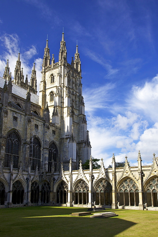 Northwest Tower of Canterbury Cathedral from the Great Cloisters, UNESCO World Heritage Site, Canterbury, Kent, England, United Kingdom, Europe