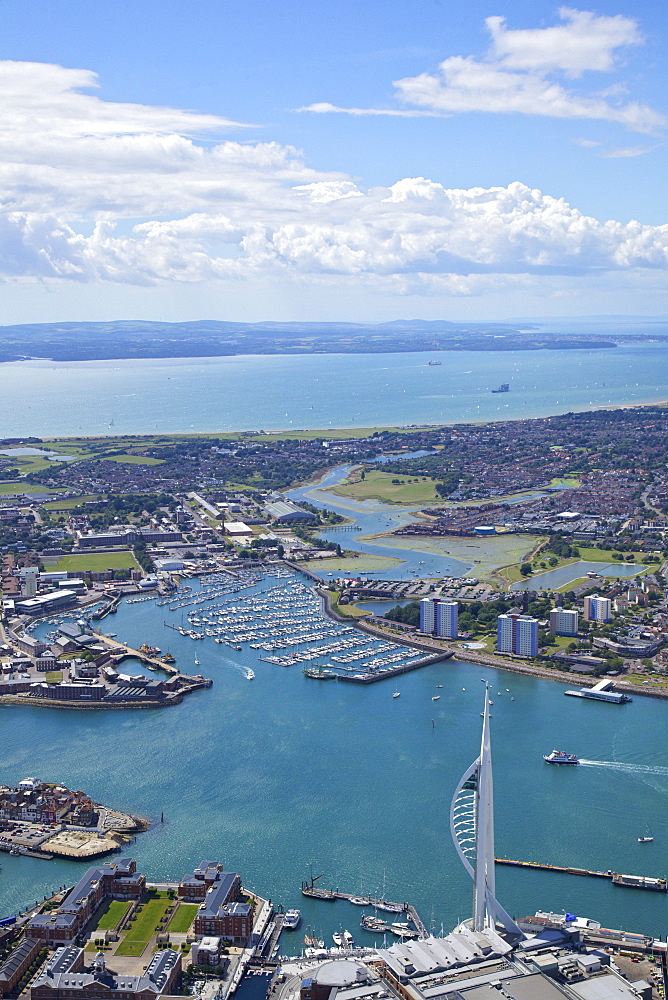 Aerial view of the Spinnaker Tower and Gunwharf Quays, Portsmouth, looking towards the Solent and Isle of Wight, Hampshire, England, United Kingdom, Europe