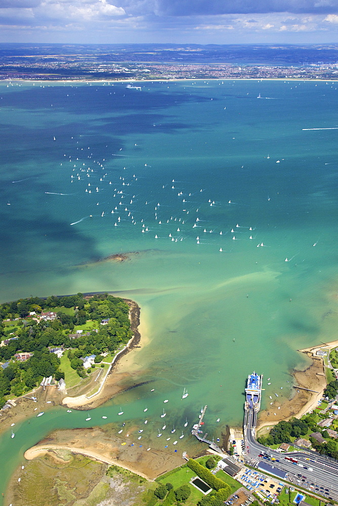 Aerial view of yachts racing in Cowes Week on the Solent, Isle of Wight, England, United Kingdom, Europe