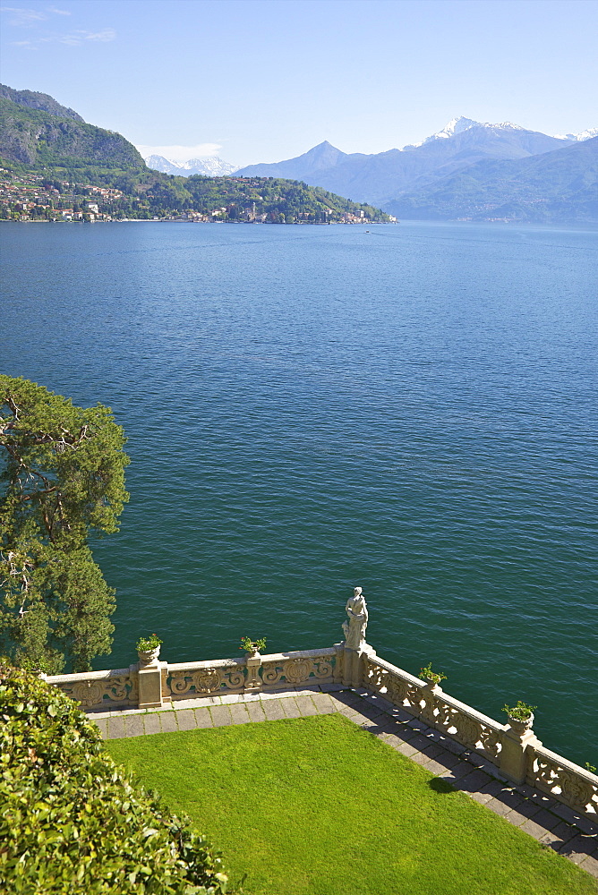 View from the terrace of 18th Century Villa del Balbianello  in spring sunshine, Lenno, Lake Como, Italian Lakes, Italy, Europe