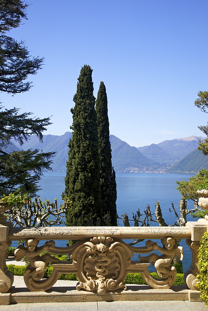 View from the terrace of 18th Century Villa del Balbianello  in spring sunshine, Lenno, Lake Como, Italian Lakes, Italy, Europe