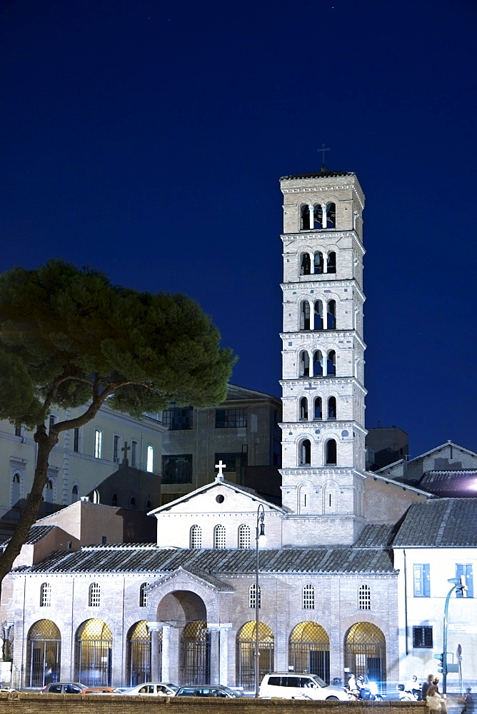 Night view of the church Santa Maria in Cosmedin, the porch hosts the famous Bocca della Verita, Mouth of Truth, Forum Boarium, Rome, Latium, Italy, Europe