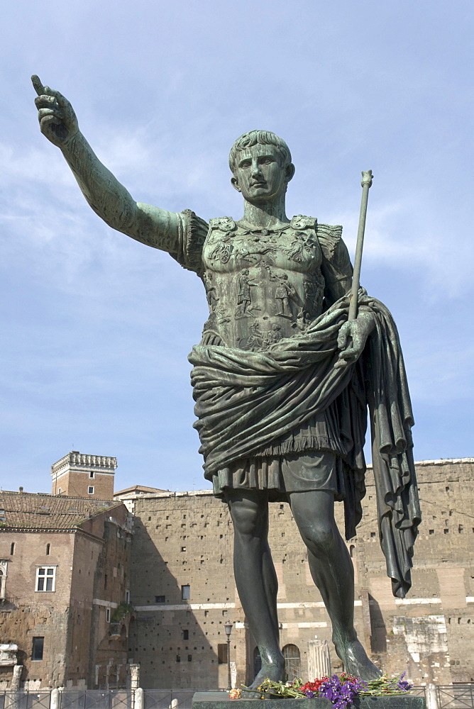 Bronze statue of Roman emperor Octavian near the Forum of Octavian Augustus, Via dei Fori Imperiali, Rome, Italy, Europe