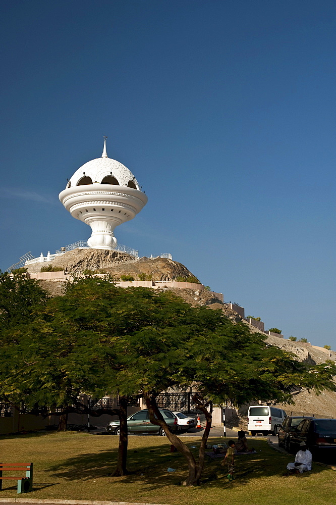 The landmark of the Riyam Park, a colossal incense burner, Muttrah, Oman, Middle East