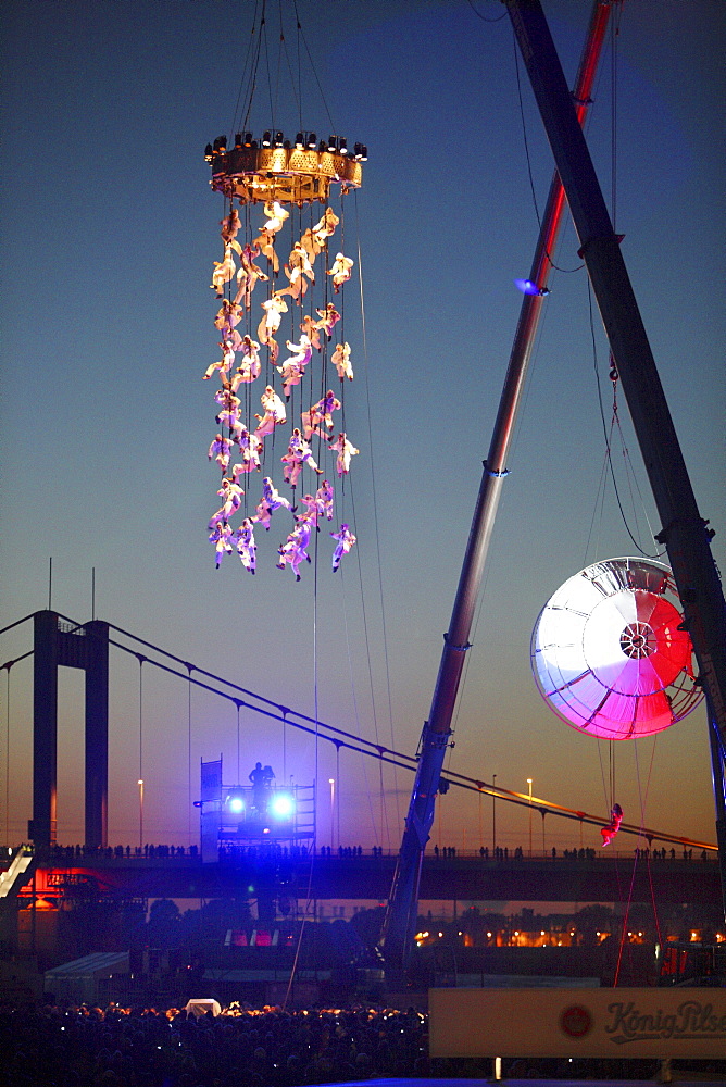 Global Rheingold, theatrical spectacle of the Spanish theatre group La Fura dels Baus, opening of the theatre festival Duisburg accents, part of the European Capital of Culture Ruhr 2010 celebrations, open-air theatre on Mercatorinsel in the harbour of Du