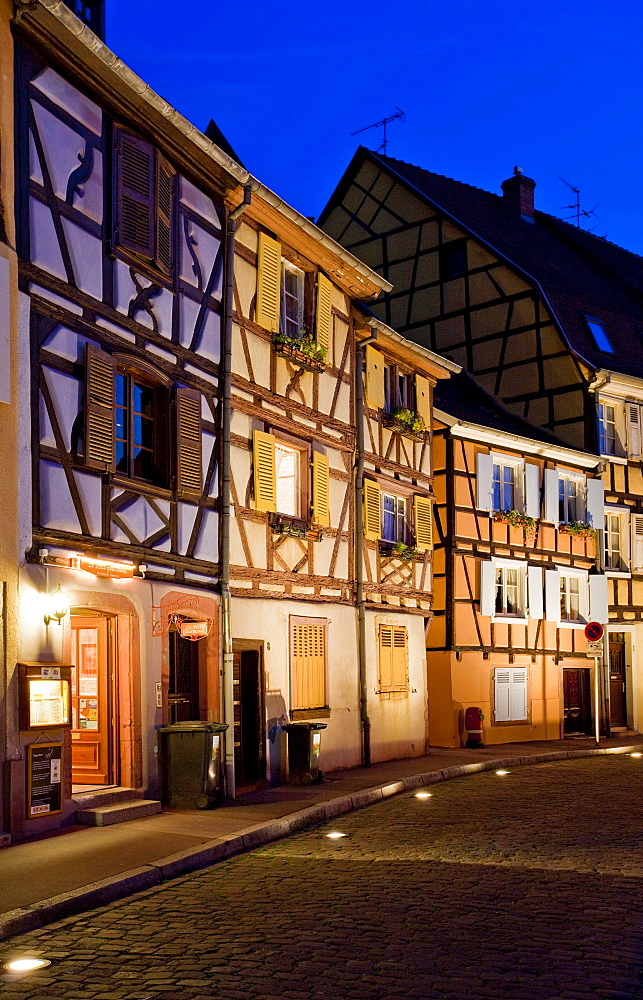 Heritage houses of Colmar at night, Alsace, France, Europe