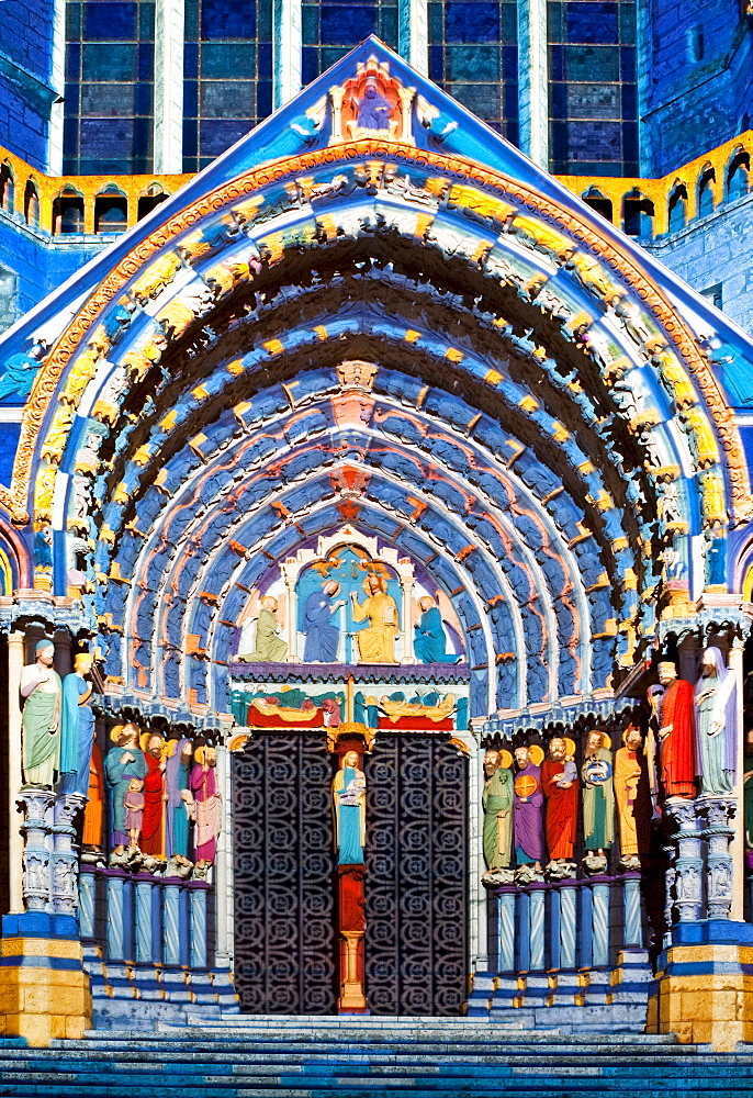 Chartres cathedral entrance during the summer lights festival, France, Europe