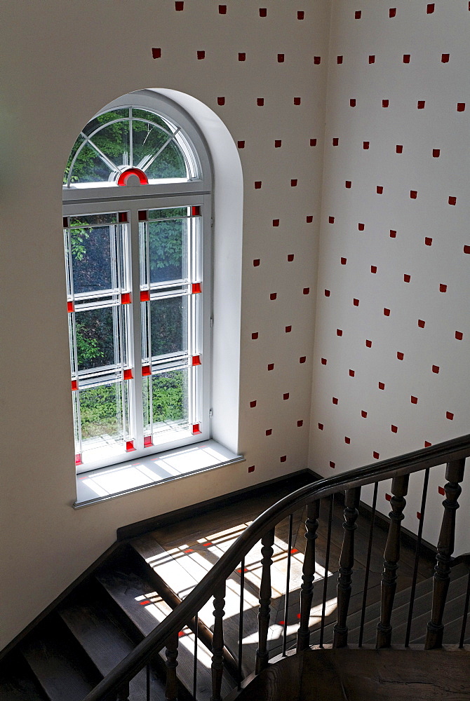 Light passing through a lattice window onto a landing with old wooden railing, renovated, Kurhaus Kleve art museum, Kleve, Niederrhein region, North Rhine-Westphalia, Germany, Europe