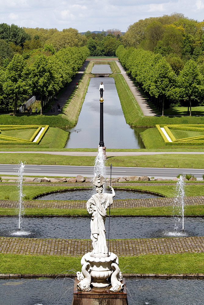 View of the Pallas Athena statue and Moritzkanal channel, baroque gardens, spa gardens Kleve, Niederrhein region, North Rhine-Westphalia, Germany, Europe