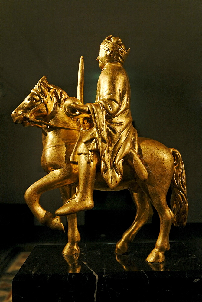 Small, gold-plated statue of Charlemagne riding a horse, Stiftsmuseum Museum Xanten monastery museum, Xanten, Niederrhein region, North Rhine-Westphalia, Germany, Europe