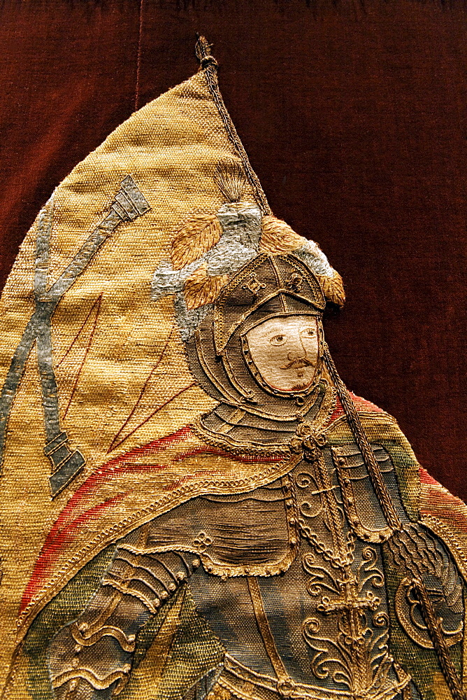 Knight in armor bearing flag, elaborate embroidery on a chasuble, historical liturgical garment, Stiftsmuseum Museum Xanten monastery museum, Xanten, Niederrhein region, North Rhine-Westphalia, Germany, Europe