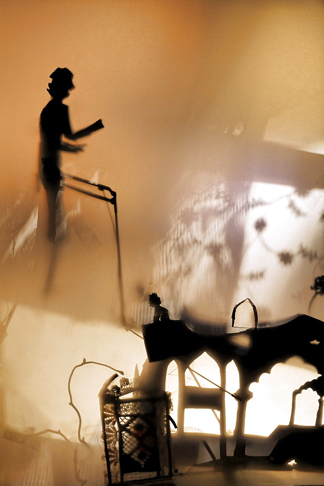 Single figure appearing in a shadow theater, mysterious, tour Kunstakademie Art Academy in Duesseldorf, North Rhine-Westphalia, Germany, Europe