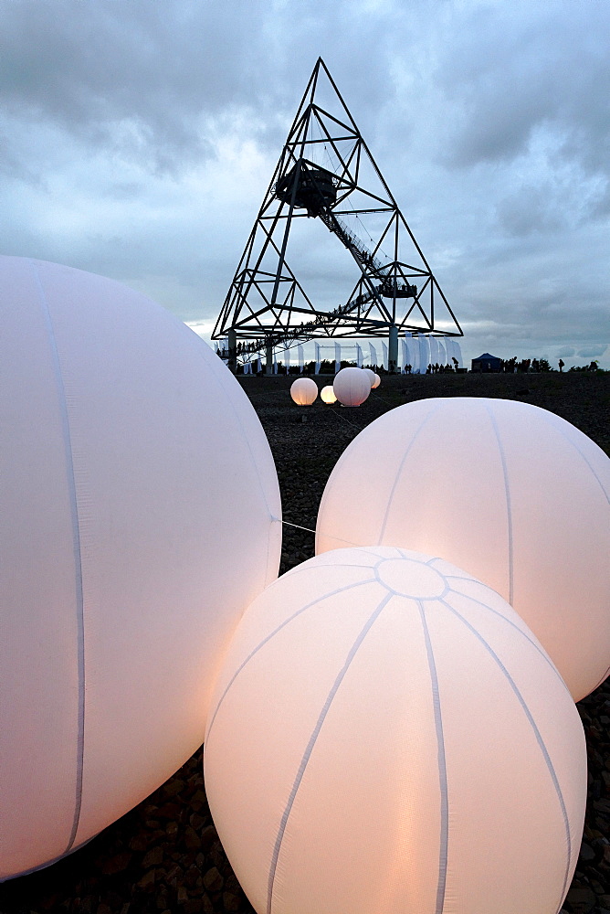 Tetrahedron with illuminated balls, summer night show at the Extraschicht, night of industrial culture, dump in Bottrop, Ruhrgebiet region, North Rhine-Westphalia, Germany, Europe
