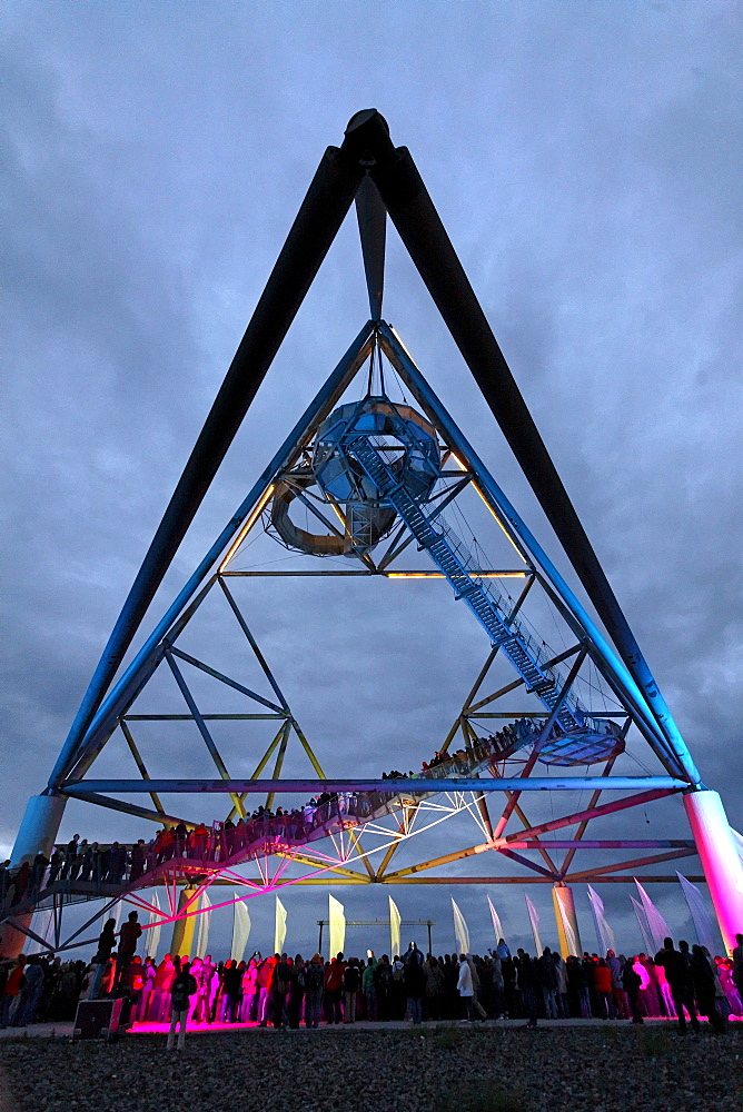 Summer night show at the tetrahedron, Extraschicht, night of industrial culture, dump in Bottrop, Ruhrgebiet area, North Rhine-Westphalia, Germany, Europe