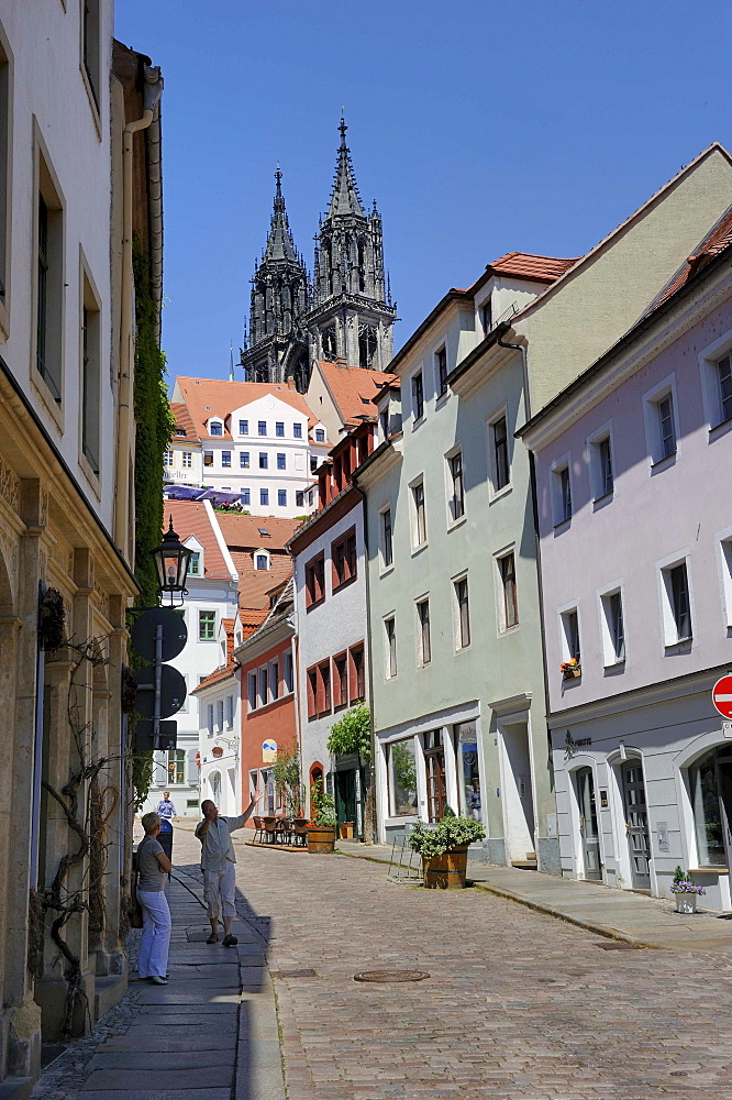 View from Burgstrasse street towards Meissen Cathedral, Meissen, Saxony, Germany, Europe