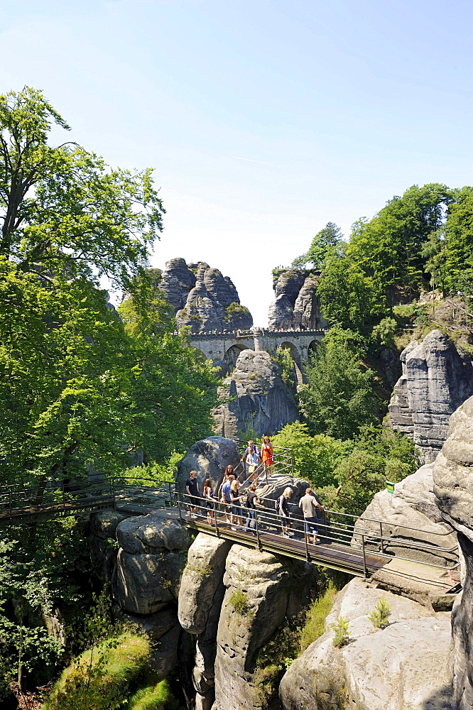 Bastei rock formation, Elbsandsteingebirge Elbe Sandstone Mountains, Saxon Switzerland, Saxony, Germany, Europe