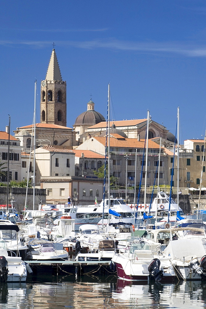 Port of Alghero, overlooking the historic town, Sassari Province, Sardinia, Italy, Europe