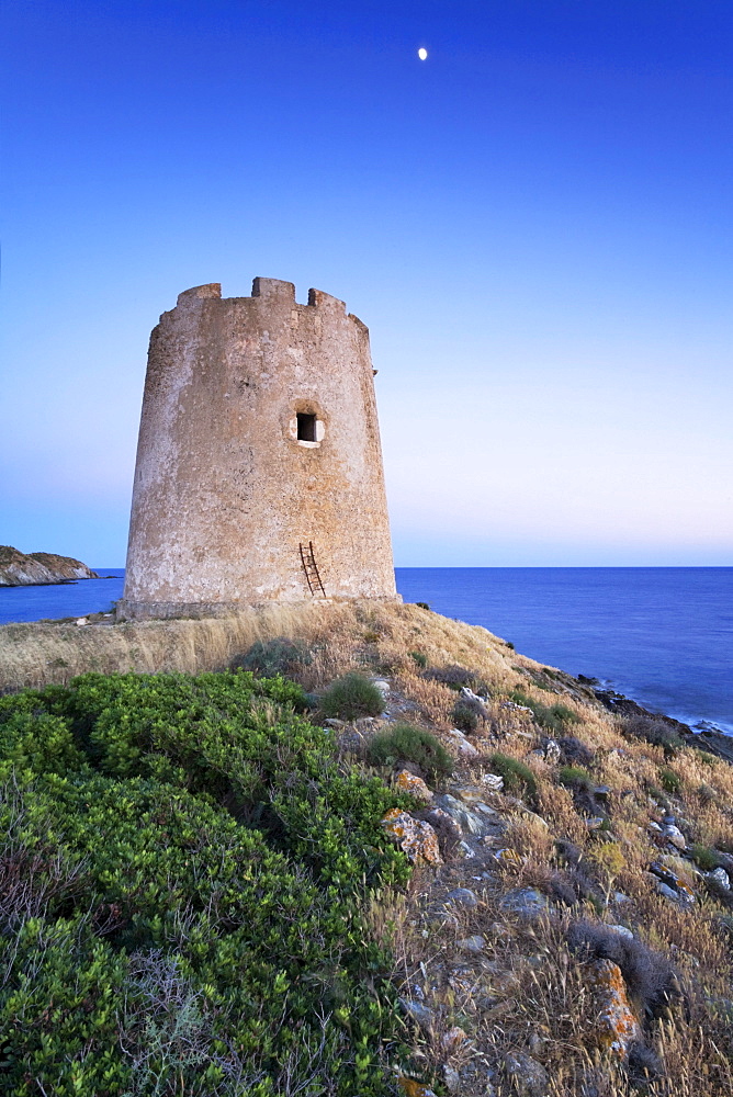 Moonrise over the Torre di Piscinni tower, Costa del Sud, Sulcis Province, Sardinia, Italy, Europe