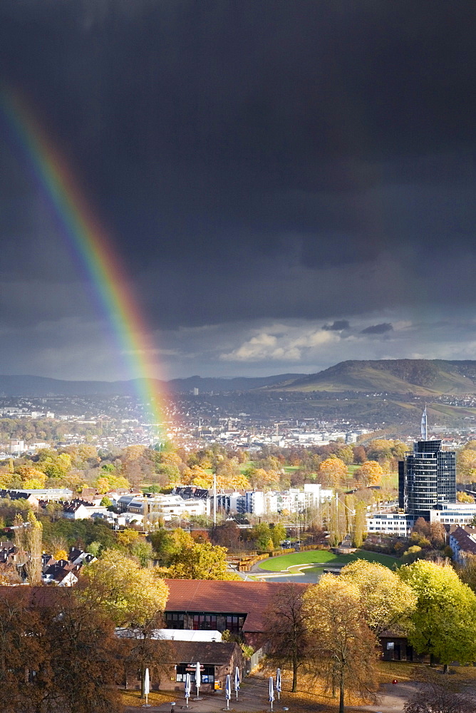 Rainbow over Killesbergpark, Stuttgart, Baden-Wuerttemberg, Germany, Europe