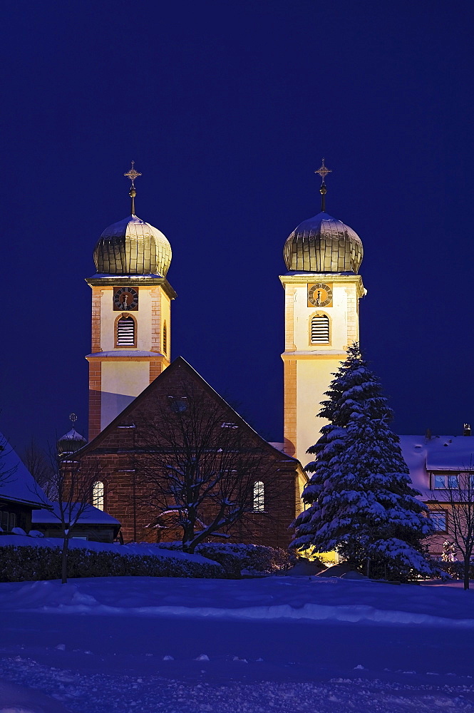 Onion domes of the church in St. Maergen in Winter, Black Forest, Baden-Wuerttemberg, Germany, Europe