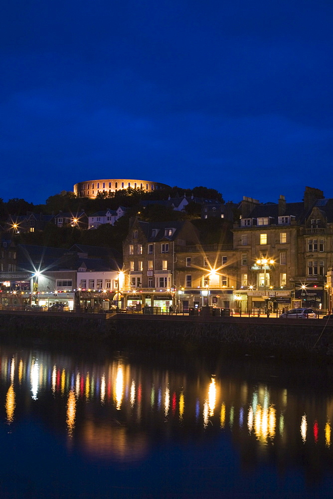 Oban with the promenade and McCaig's Tower at night, Argyll, Scotland, United Kingdom, Europe