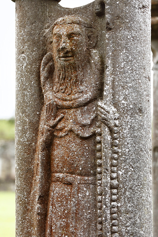 Figure on a stone column, cloister, Jerpoint Abbey, County Kilkenny, Republic of Ireland, British Isles, Europe