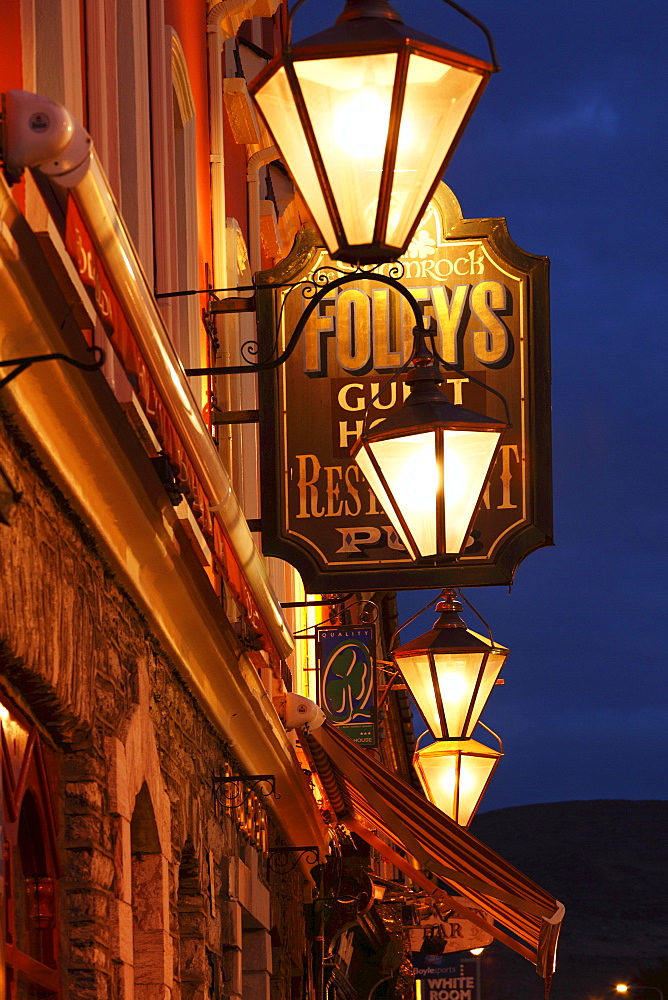 Restaurant sign and lanterns, Kenmare, Ring of Kerry, County Kerry, Ireland, British Isles, Europe