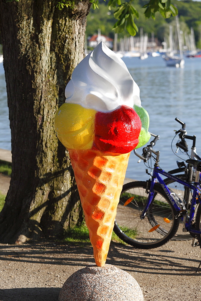 Oversized ice-cream cone, Herschinger, Ammersee lake, Fuenfseenland or Five Lakes region, Upper Bavaria, Bavaria, Germany, Europe