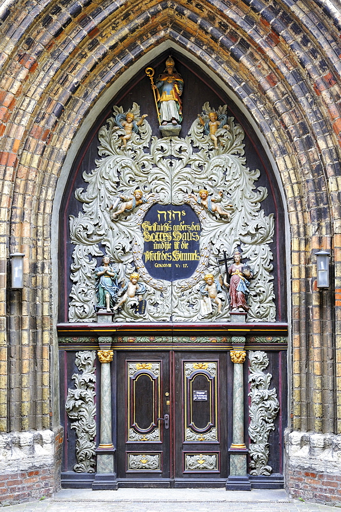 Main portal of St. Nikolai church, Hanseatic City of Stralsund, Mecklenburg-Western Pomerania, Germany, Europe