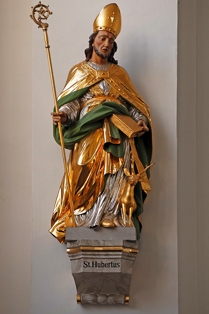 Statue of St. Hubert in the Jesuit church, Pfarrkirche Heiliger Geist und St. Ignatius parish church of the Holy Spirit and St. Ignatius, built from 1712 1759 in Baroque style, Richard Hauser Platz, Heidelberg, Baden-Wuerttemberg, Germany, Europe