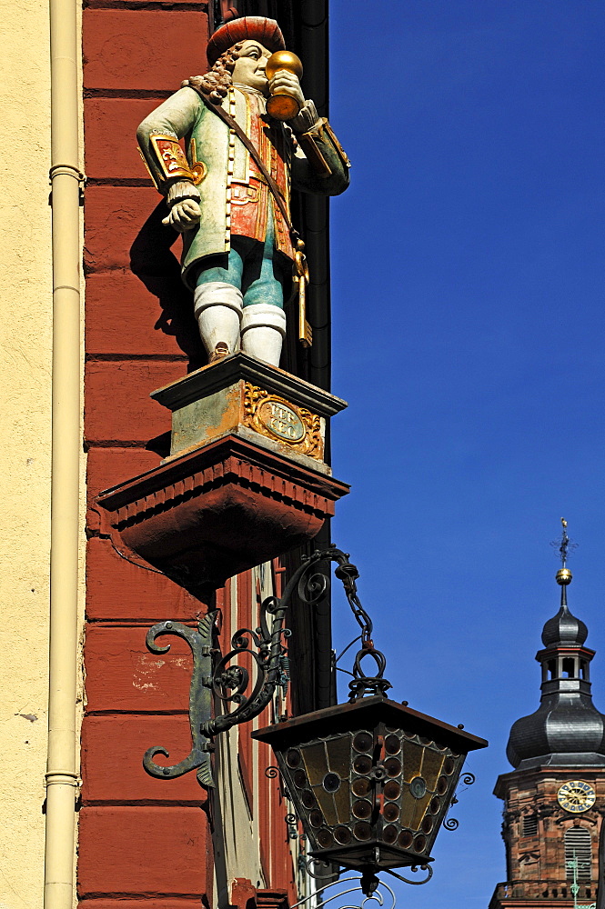 Figure of the restaurant Perkeo, on the right tower of the Heiliggeistkirche Holy Ghost Church, Hauptstrasse 127, Heidelberg, Baden-Wuerttemberg, Germany, Europe