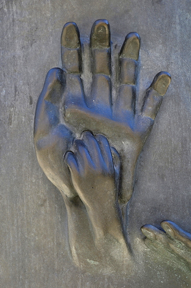 Hands, bronze sculpture Erden Engel, angel on earth, St. Nikolai Memorial, Hamburg, Germany, Europe