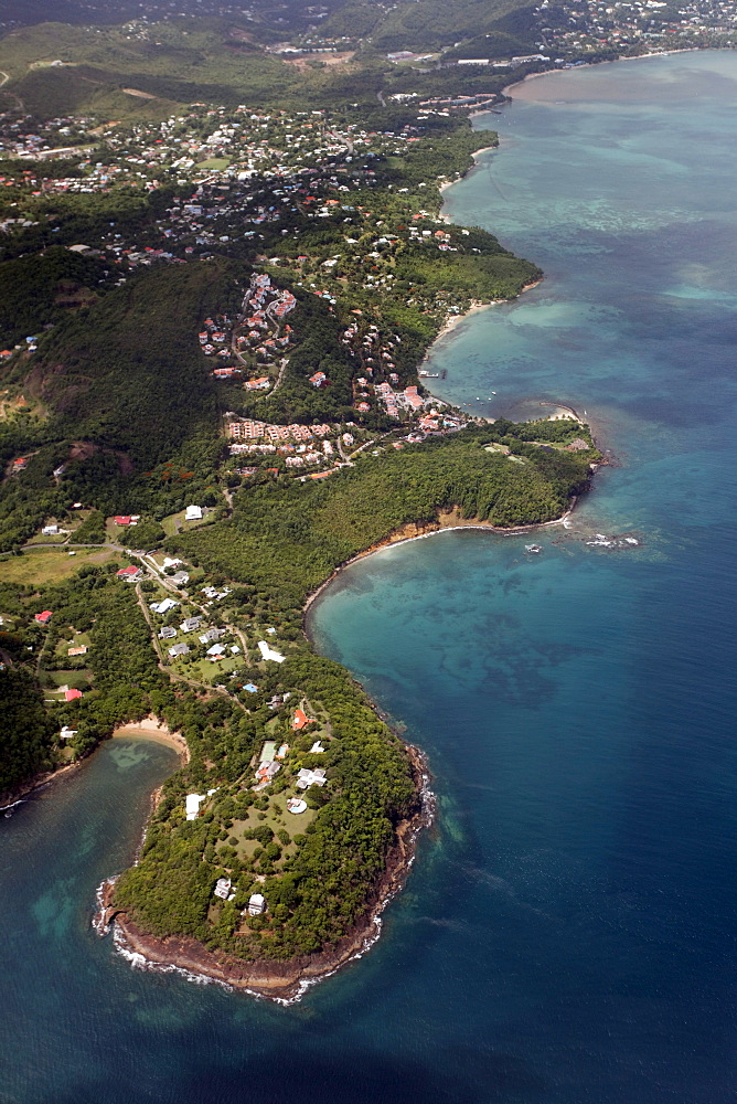 Aerial View, Castries, the capital city, coast, exclusive residential area, peninsula, Saint Lucia, LCA, Windward Islands, Lesser Antilles, Caribbean, Caribbean Sea