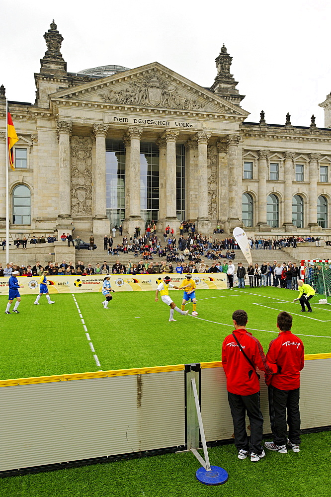 Day of Blind Football in front of the German Reichstag building, Berlin, Germany, Europe